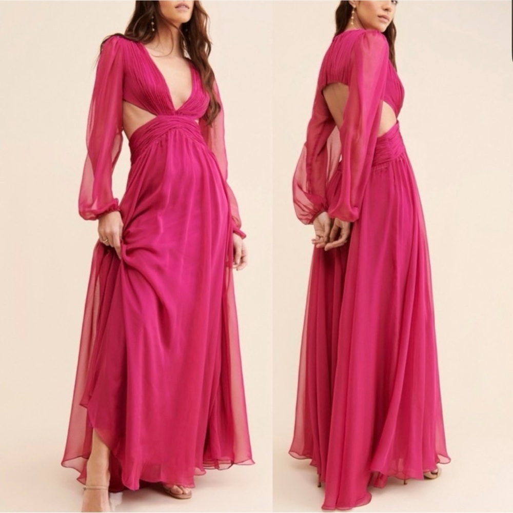 Ieena Mac Duggal Hot Pink A Line Cut Out V Neck Back Long Sleeve Maxi Dress Sz 6